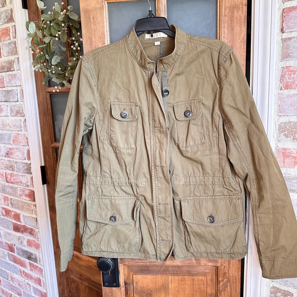 LOFT Utility Field Jacket Women Large‎ Olive Green Cotton Zip Front Cargo Pocket